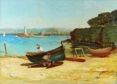 a painting of two people sitting on a boat on the beach