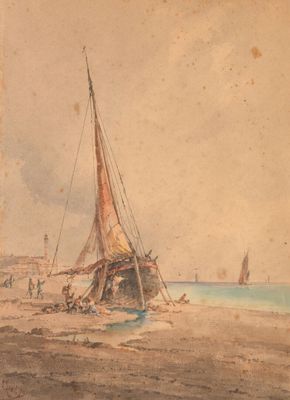 a painting of a sailboat on the beach by the water