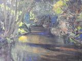 a painting of a river running through a forest