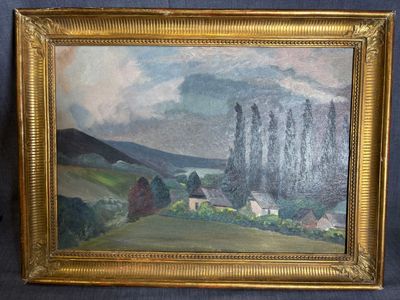 une peinture à l'huile représentant un paysage avec une maison et des arbres