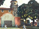 a painting of a baseball game being played on a sunny day