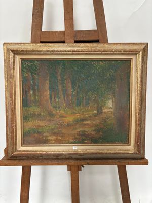 une peinture à l'huile représentant une scène de forêt avec un banc au premier plan