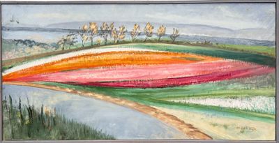 une peinture à l'huile représentant un champ de fleurs avec un sentier au premier plan
