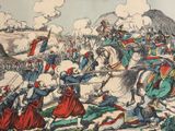 a picture of a painting of a battle with men on horses