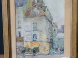 painting of a street scene in a city with a building in the background