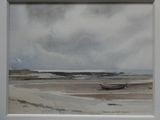 une image d'un tableau représentant un bateau sur la plage