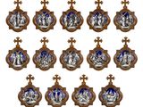 twelve blue and white religious plaques with crosses and crosses
