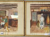 two paintings of people sitting at a table in front of a fireplace