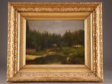 a painting of a landscape with a river and trees in a gold frame