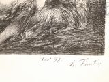 drawing of a man sitting on a rock with a dog in his lap