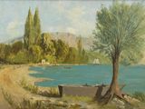 une peinture représentant un bateau au bord d'un lac