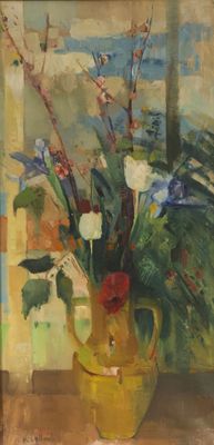une peinture de fleurs dans un vase sur une table