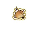a close up of a gold broochle with pink stones