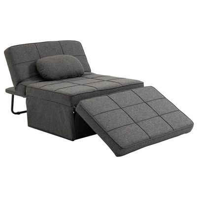 the chair is made of fabric and has a pillow on top of it
