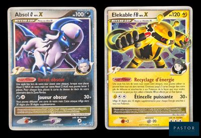 Deux cartes Pokémon sont représentées côte à côte sur un fond noir
