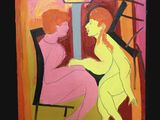 une image représentant un tableau où l'on voit deux femmes assises sur une chaise