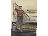a painting of a man standing on a dock with a fishing net