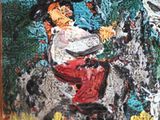 a painting of a man riding a horse next to a dog