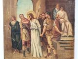 an old painting of a man holding a sword in front of a group of people