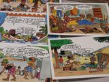 four cards with cartoon illustrations of a woman and children in a village