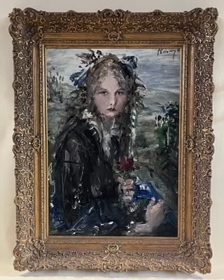 tableau représentant une femme en robe noire tenant une fleur