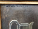 an oil painting of a pitcher and a bowl of fruit on a table