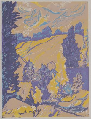 une image représentant un tableau représentant un paysage de montagne avec des arbres