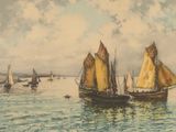 tableau représentant un groupe de voiliers sur un plan d'eau