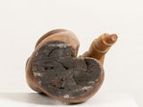 a wooden snail that is sitting on top of a table