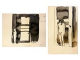 two black and white pictures of a man and a woman standing in front of a window