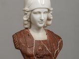 marble bust of a woman wearing a helmet on a pedestal