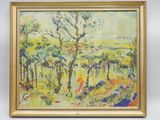 une image d'un tableau représentant un paysage avec des arbres au premier plan