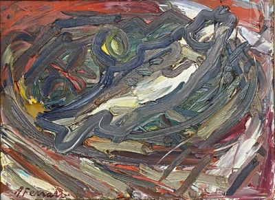 une peinture représentant un poisson dans une assiette posée sur une table