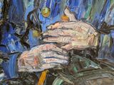 a painting of a man holding a tennis racquet