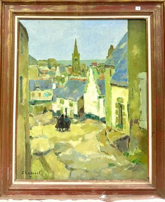 painting of a view of a town with a horse drawn carriage