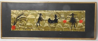 tableau représentant trois personnes à cheval dans un champ parsemé de fleurs rouges