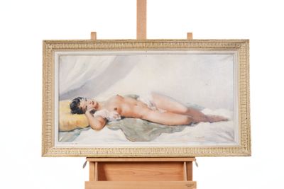 a painting of a naked woman laying on a bed