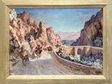 an oil painting of a mountain road with a group of people riding horses