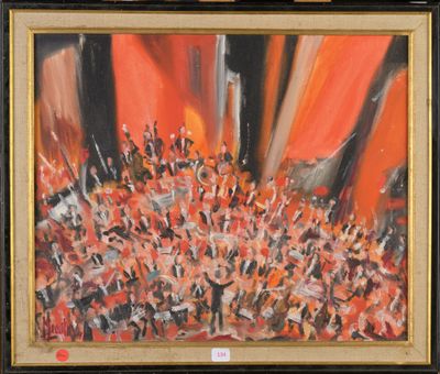 une peinture à l'huile représentant un grand groupe de personnes sur une scène