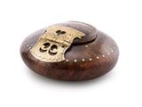 a small wooden box with a metal lock on it