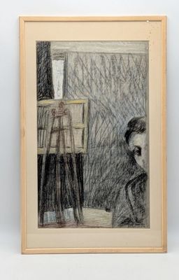 dessin représentant une femme assise devant un tableau posé sur un chevalet