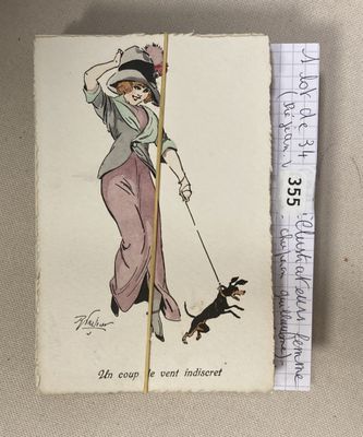 drawing of a woman walking a dog on a leash with a stick
