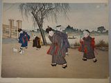 painting of a group of people walking down a street with a dog