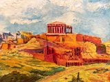 an oil painting of a painting of a building on a hill