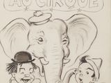 dessin représentant un éléphant et deux enfants devant une affiche de cirque