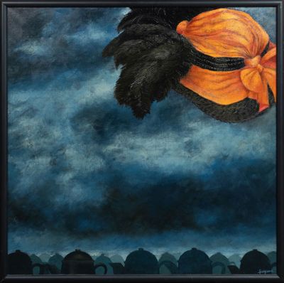 an oil painting of a hat with a feather on top of it