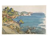 an image of a painting of a view of the ocean from a cliff