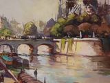 a painting of boats on the water in front of a castle