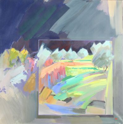an oil painting of a painting of a field with trees in the background