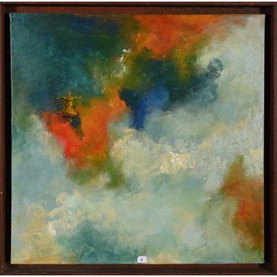 une peinture représentant un ciel rouge et bleu avec des nuages en arrière-plan